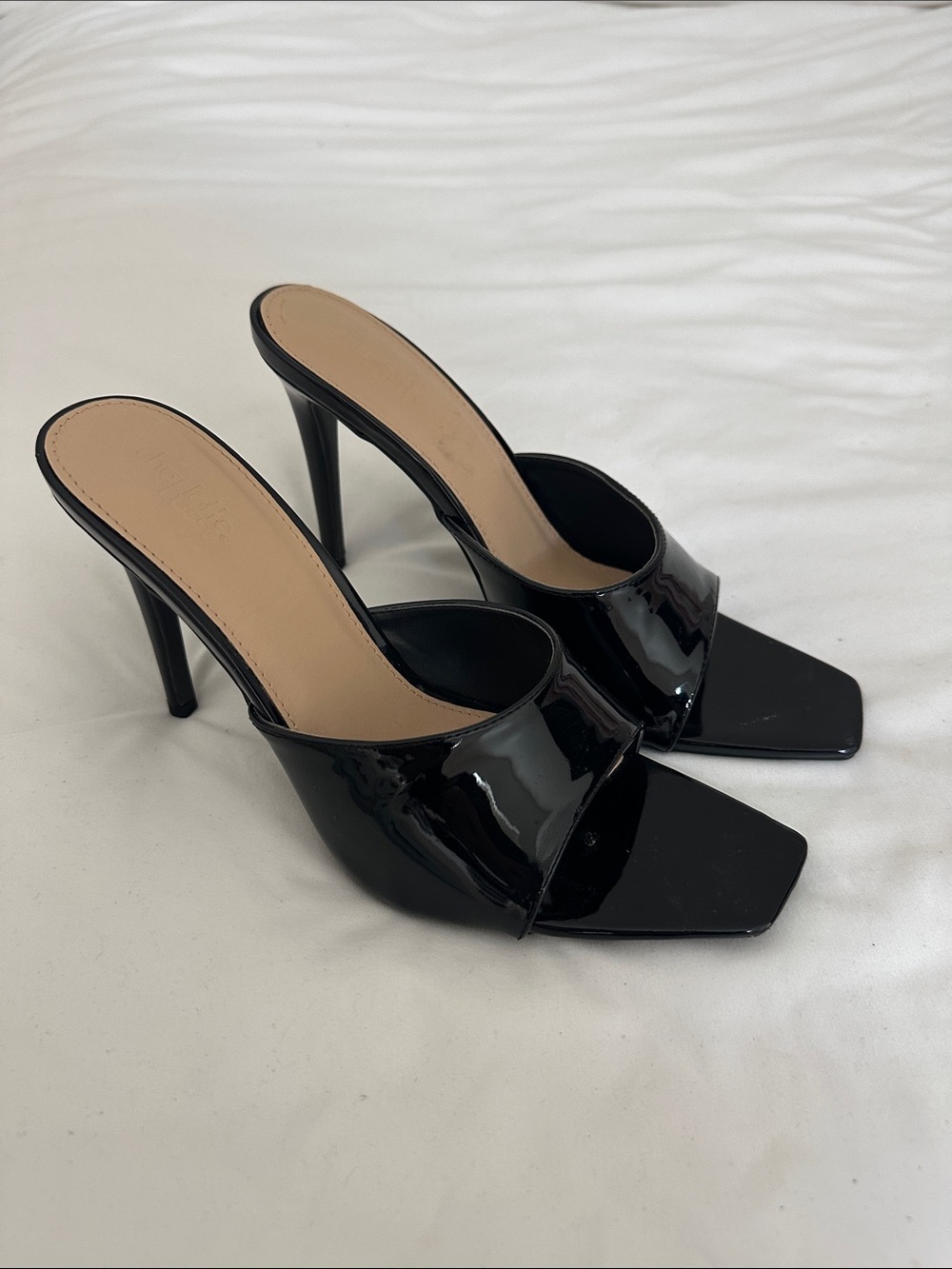 Black patent leather mules